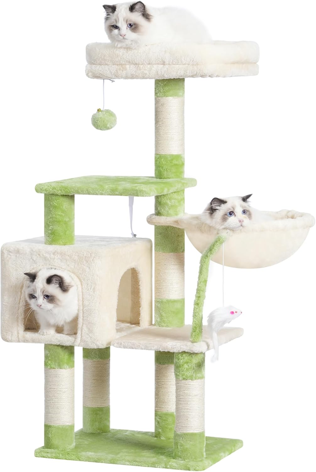 Heybly Cat Tree with Toy, Cat Tower Condo for Indoor Cats, Cat House with Padded Plush Perch, Cozy Hammock and Sisal Scratching Posts, Light Gray HCT004SW