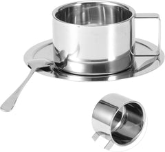 Stainless Steel Coffee Cup Mug Set Double Wall Spoon Saucer Kitchen Supplies Silver