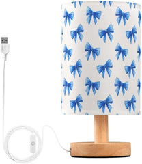 Cute Blue Bows Pattern Bedside Table Lamp Small Desk Lamps Linen Fabric Shade Decorative Nightstand Lamp LED with USB Port Wood Base for Bedroom Living Room