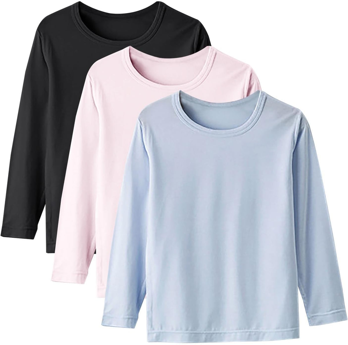 3 Pack Girls Long Sleeve T-Shirts Toddler Soft Modal Top Kids Boys Crewneck Basic Solid Layering Tees for 1-15 Years