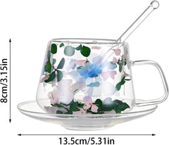 250 ml Glass Coffee Cup with Saucers and Spoons Double Wall Insulated Glass Coffee Mug Flower Tea Cups with Handle for Cappuccino Latte Tea Hot Beverages (Green white)
