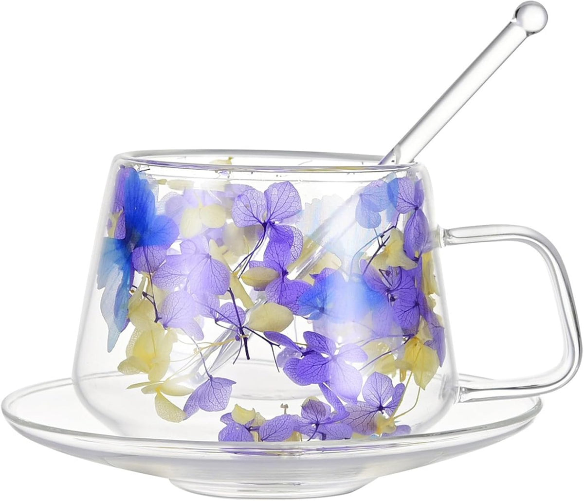 250 ml Glass Coffee Cup with Saucers and Spoons Double Wall Insulated Glass Coffee Mug Flower Tea Cups with Handle for Cappuccino Latte Tea Hot Beverages (Yellow purple)
