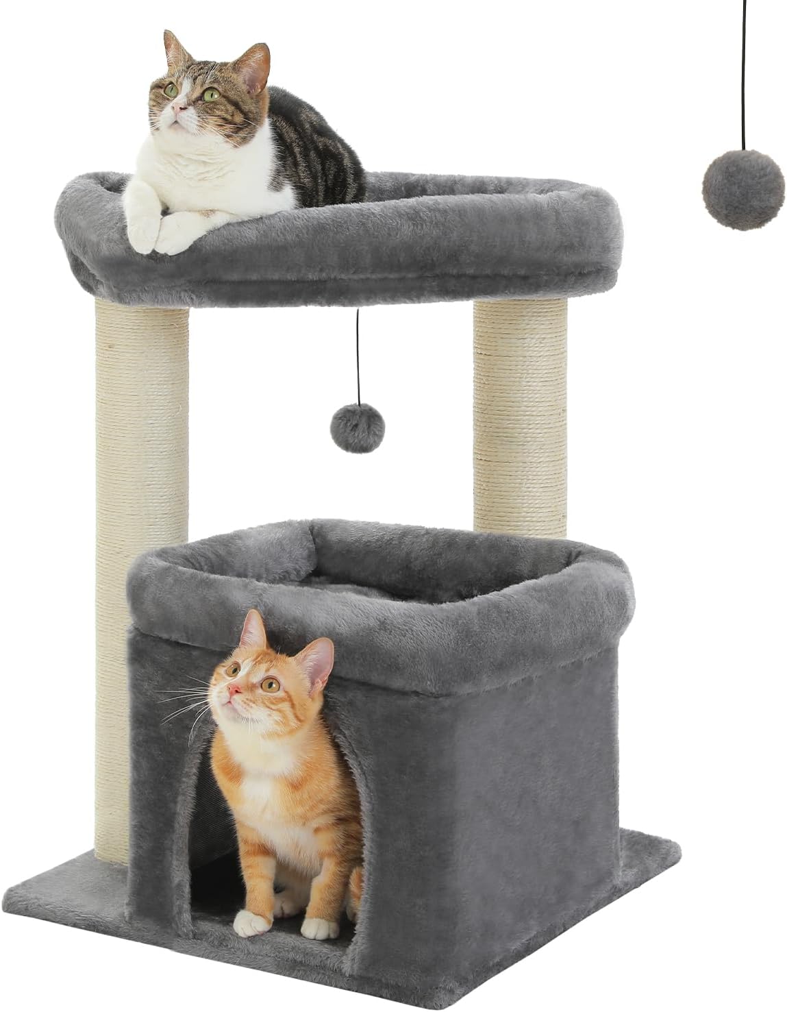 32" Cat Tree Tower for Indoor Cats - 2 Cozy Condos, Multi-Level Cat Scratching Posts with Sisal, Soft Padded Perch, 2 Dangling Toys, Dark Grey