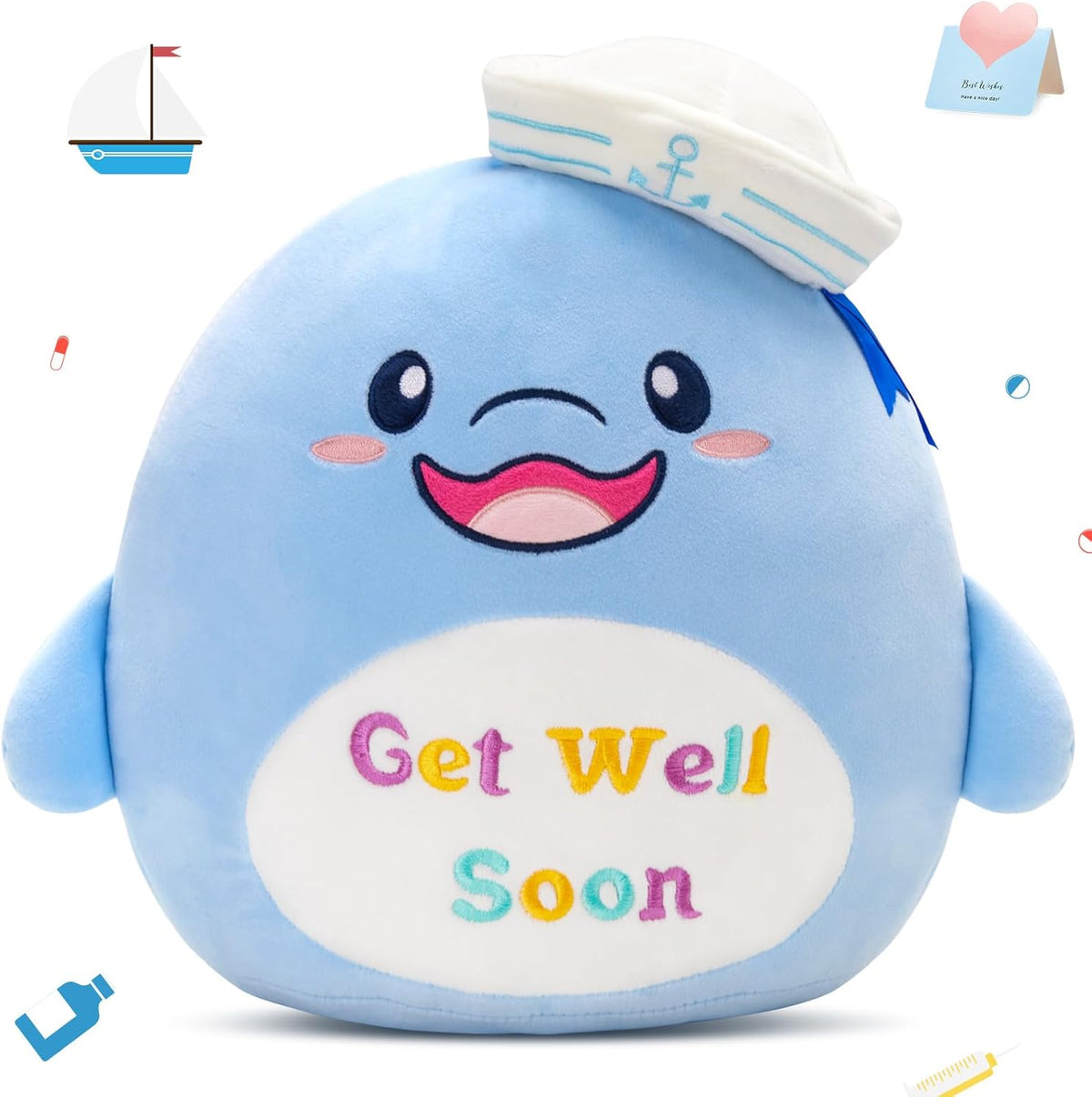 Athoinsu 12" Get Well Soon Dolphin Plush Pillow Soft Sofa Cushion Squishy Plushie Toy Cute Stuffed Animal Room Decor Feel Better Gifts for Recovering Patient (Blue)