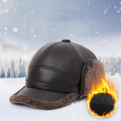 Winter Leather Baseball Cap,Adjustable Men's Hat with Earflap,Winter Warm Men Soft Hunting Hat (Black)