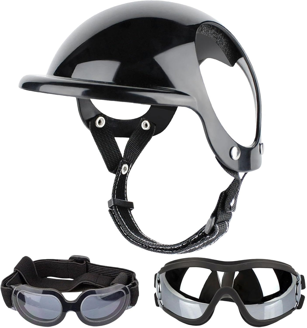 Dog Helmet and Goggles for Small Breed Dog,2pcs Dog Sunglasses and Dog Helmet Set for Small Medium Dog Outdoor Driving Walking,Black (M Helmet+Silver Goggles)