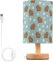 Cartoon Daisies Capybara Bedside Table Lamp Small Desk Lamps Linen Fabric Shade Decorative Nightstand Lamp LED with USB Port Wood Base for Bedroom Living Room