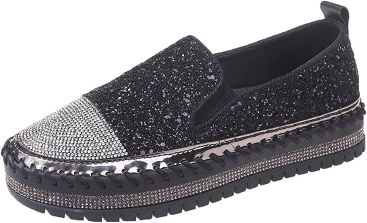 SACFOF Women Rhinestone Platform Loafers Glitter Fashion Slip-On Sparkle Sequin Sneakers Casual Flat Bling Loafers