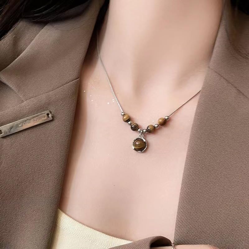 1 Piece Vintage Leather Tiger Eye Stone Necklace Bohemian Style Men and Women style Beaded Pendant Necklace