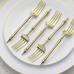 24 Disposable Gold 6 in Dessert Plastic Forks Appertizers Roman Column Handle for Weddings Parties Birthdays Receptions Events Catering Buffet Dinnerware Tableware Decorations