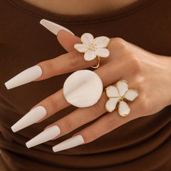 Gold White Flower Ring Set, Jewelry Gift, Knuckle Bands, Stackable Hoops, Halloween Accessories