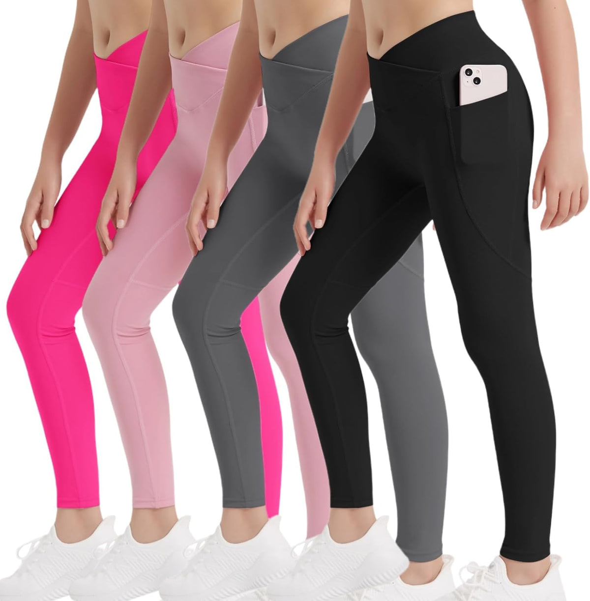 EXARUS 4 Pack Girls Leggings Teen Yoga Pants Crossover V Waist Ankle/Full Length High Waisted for Sports Tween Casual