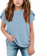 Girls Short Sleeve T Shirts Branch Cuff Solid Color Tops Kids Summer Tops Crewneck Tees Loose Sweatshirt