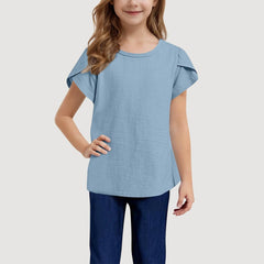 Girls Short Sleeve T Shirts Branch Cuff Solid Color Tops Kids Summer Tops Crewneck Tees Loose Sweatshirt