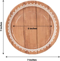 Efavormart 25 Pack White Brown Wood Grain Print Paper Dinner Plates With Floral Lace Rim, Round Disposable Party Plates - 7"