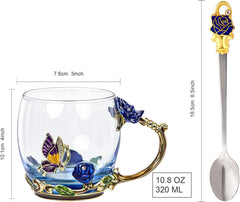 Flower Tea Cup,Butterfly Daisy Glass Fancy Coffee Mug with Spoon,Gift Box for Her Mom Wife Grandma Girls Friends Valentines Christmas Birthday Present Idea for Juice,Hot/Cold Drinks Use (Red rose)