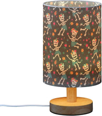 Funny Skeletons Flowers Bedside Table Lamp Small Desk Lamps Linen Fabric Shade Decorative Nightstand Lamp LED with USB Port Wood Base for Bedroom Living Room