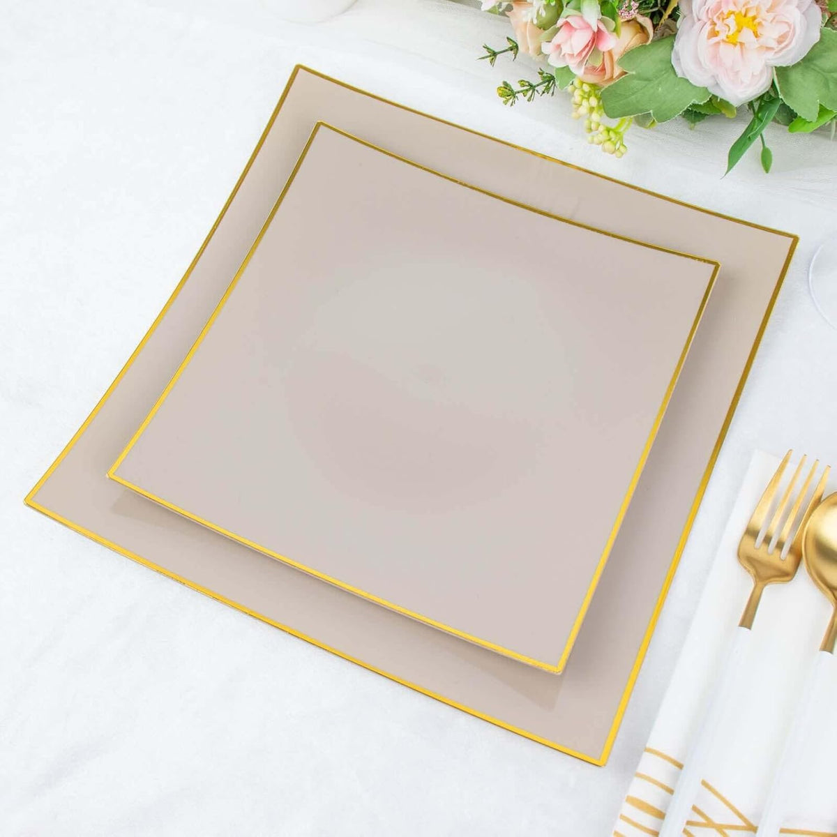 Efavormart 10 Pack | 8" Black/Gold Concave Square Hard Plastic Dinner Plates, Disposable Party Plates