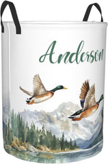 Personalized Laundry Basket for Nursery, Custom Nursery Laundry Hamper with Name, Customize Mallard Duck Baby Clothes Circular Hamper for Boys Girls Room Decor