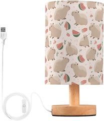 Capybaras Watermelon Cute Bedside Table Lamp Small Desk Lamps Linen Fabric Shade Decorative Nightstand Lamp LED with USB Port Wood Base for Bedroom Living Room