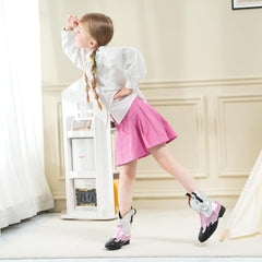 Kids Cowboy Boots Unisex Cowgirl Metallic Western Booties Round Toe Pull on Splicing Riding Ankle Boots for Boys/Girls