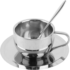 Stainless Steel Coffee Cups Set, 13.5x6cm/5.3x2.4in Espresso Cups with Spoon Saucer Set Anti Scald Reusable Decorative Latte Mugs for Household Cafe Office