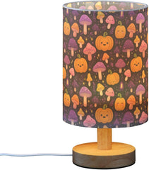 Cute Pumpkin Mushrooms Bedside Table Lamp Small Desk Lamps Linen Fabric Shade Decorative Nightstand Lamp LED with USB Port Wood Base for Bedroom Living Room