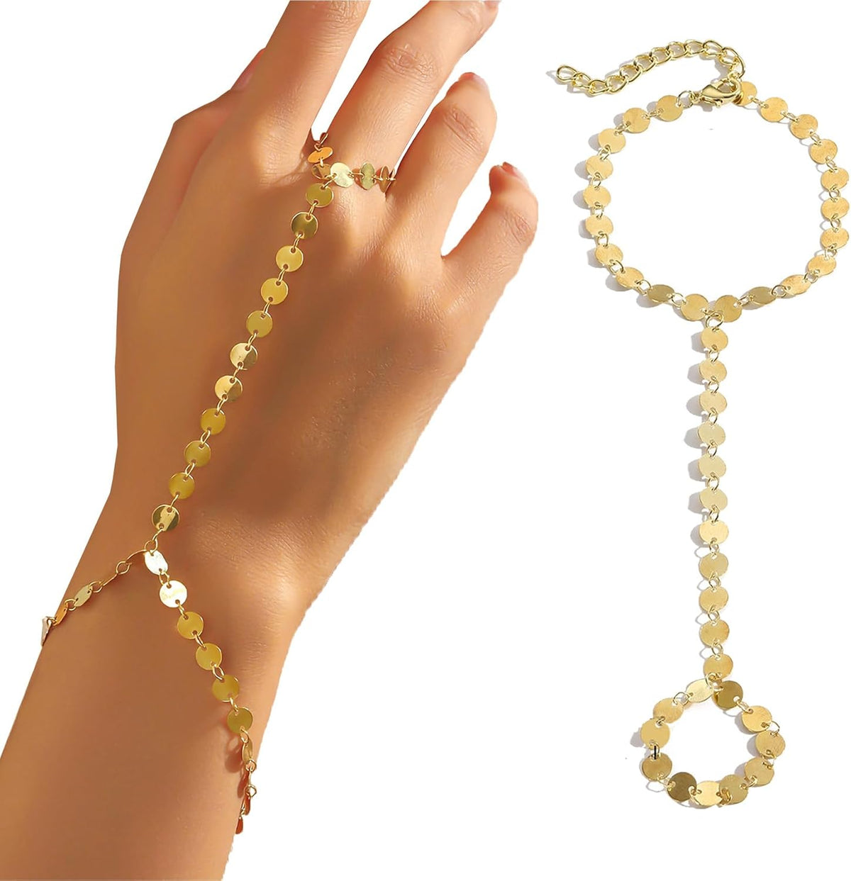 Adjustable Gold Finger Bracelet for Women - Minimalist Hand Chain Jewelry with Ring, Dainty Stackable Accessory