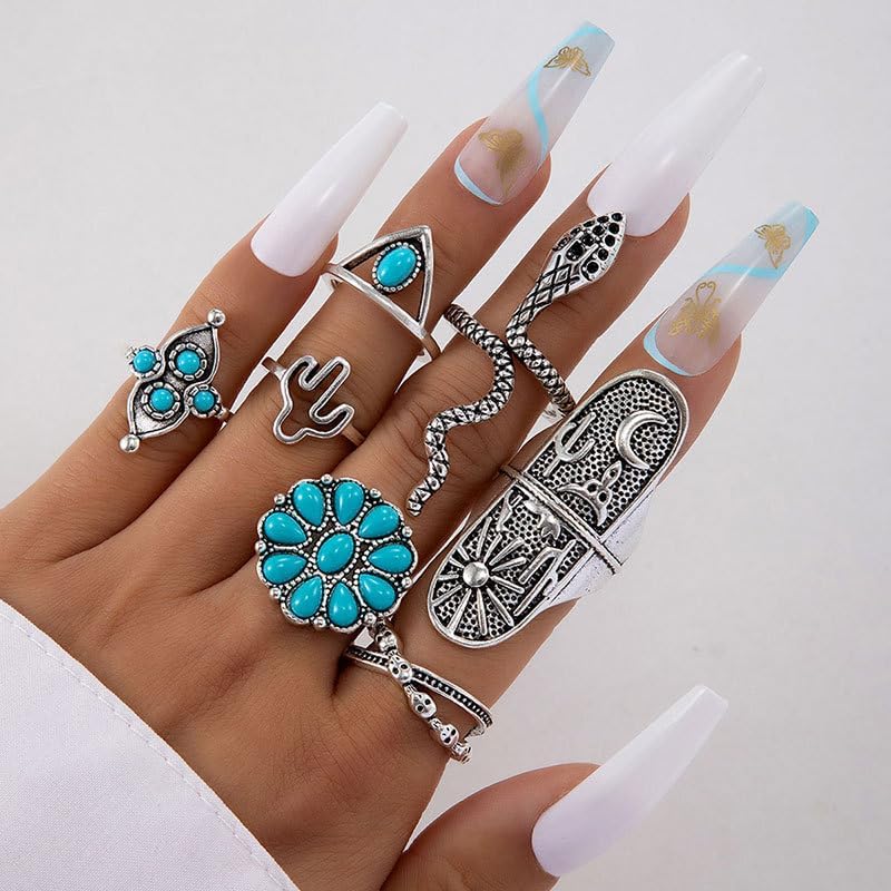 Women Retro Turquoise Knuckle Stackable Gift Halloween Jewelry Accessories Set