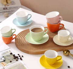 WAIT FLY Retro Embossed Ceramic Coffee Mug Set with Saucer, Tea Cup, Breakfast cup, Dessert Plate-Orange-3 OZ