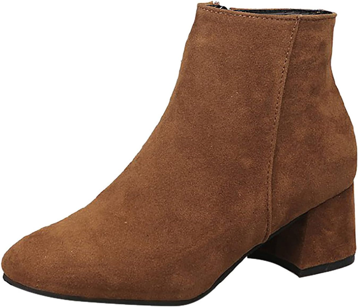 Suede Booties for Women Fall Winter Mid Block Heel Ankle Boots Women's Square Toe Chunky Heel Comfortable Short Boots Walking Shoes Fashion Classic Solid Side Zipper Heeled Booties