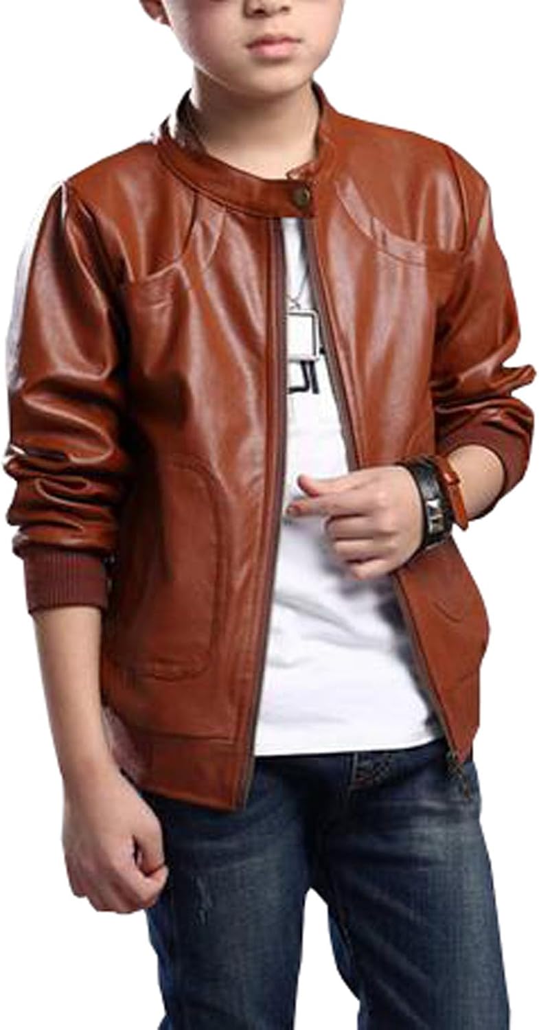 Boys Girls Stand Collar Leather Jackets Outerwear Kids Zipper Motorcycle PU Leather Coats Aged 3-12