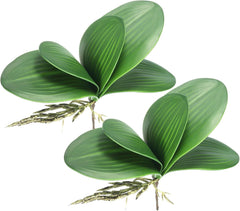Faux Orchid Leaves 4.4 Inch, 2 Pack Small Artificial Phalaenopsis Foliage Real Latex Touch Green Plant 5 Leaves with Stems for Home Flowers Pot Decor, Green