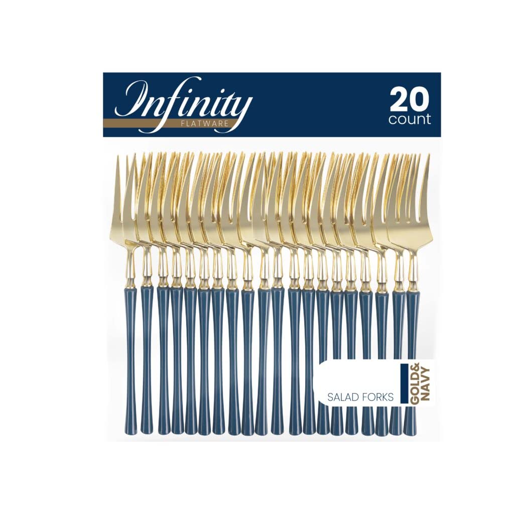 Blue Sky Infinity Flatware Gold & Navy Blue Salad Forks - 20 Count | Luxurious Disposable Plastic Cutlery for Parties and Events