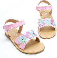 Children Flat Sandals Flower Beach Shoes Little Girls Sandals Rubber Sole Princess Dress Flat Little Kid/Big Kid (Rose Gold, 3.5-4 Years Toddler)