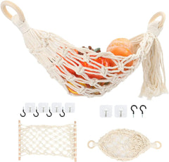 2 Pack Hanging Fruit Hammock Under Cabinet Hanging Basket Includes Hooks - Macrame Bohemian Hanging Banana Vegetable Hammocks Kitchen Storage Counter Space Saving Decoration at Home, Boat, Rv(Style A)