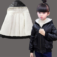 Yiqinyuan Children Teenage Girl Bikers Leather Hooded Jacket Fall Winter Windbreaker Coat Kids Girl's Outerwear Clothes