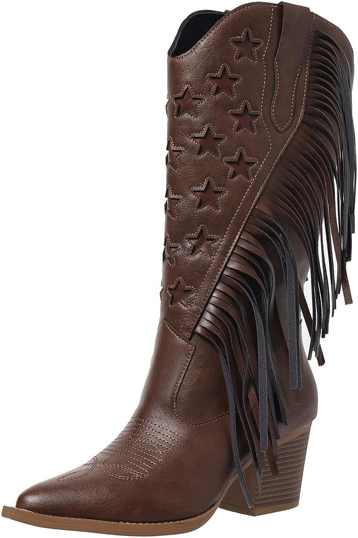 Women Cowboy Boots Mid Calf High Cowgirl Boots With Fringe Wide Calf Riding Cowgirl Cowboy Boots