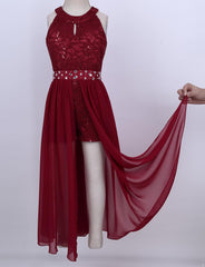 JEYPINMI Kids Flower Girls Sleeveless Floral Lace Wedding Bridesmaid Romper Dress Birthday Maxi Ball Gown