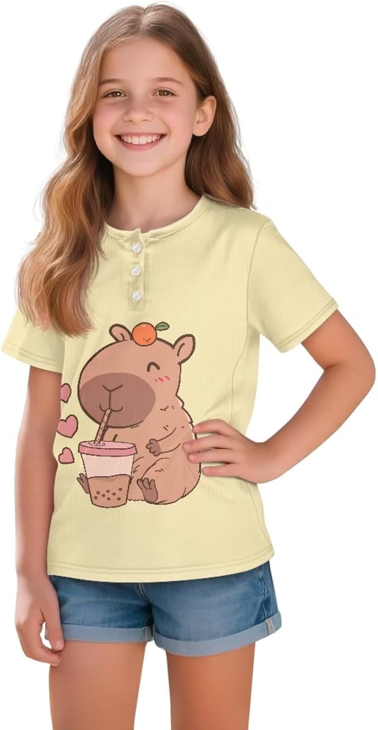 Girls Shirts Size 2-16 Lightweight Trendy Summer Tees Short Sleeve Crew Neck T-Shirts with Button Down