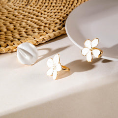 Gold White Flower Ring Set, Jewelry Gift, Knuckle Bands, Stackable Hoops, Halloween Accessories