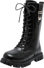 Girls Riding Boots Knee High PU Leather Motorcycle Boots Side Zipper Mid Calf Shoes for Toddler/Kids