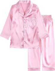 2pc Kids Satin 𝗦ilk 𝐏ajamas Set Long Sleeve Solid 𝐏𝐣 Toddler Button 𝗦leepwear 𝗡ightclothes Pocket 𝗟oungewear
