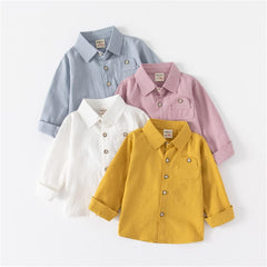 Boys Girls Button Down Shirt Long Sleeve Lapel Collar | Toddler Casual Woven Top with Pocket | Solid Color Kid Shirts