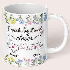 Personalized Long Distance Friendship Mug, Custom State to State Bestie Mug, Floral Ceramic Coffee Cup for Sisters, Friends, Birthday, and Holidays Gift, 11oz & 15oz