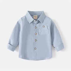 Boys Girls Button Down Shirt Long Sleeve Lapel Collar | Toddler Casual Woven Top with Pocket | Solid Color Kid Shirts