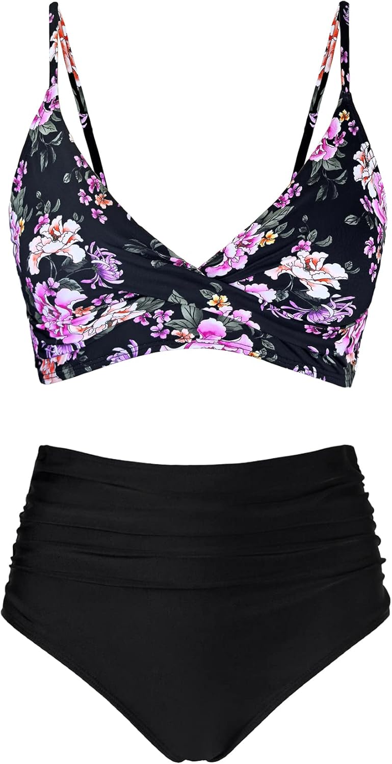 Women's High Waisted Bikini Sets Push Up Twist Front Spaghetti Straps Ruched Two Piece Swimsuit Bathing Suit