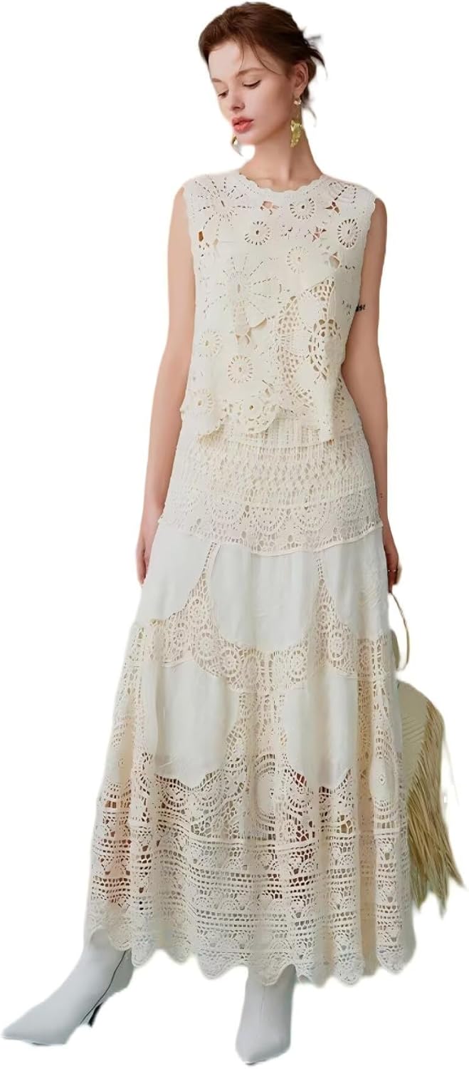 ChicVibes Women's High-Waisted Crochet Lace Maxi Skirt with Floral Cutout Design, A-Line Embroidered Skirt & Opaque Lining