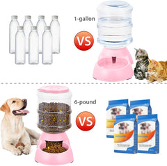 2 Pack Automatic Cat Feeder and Water Dispenser in Set Pet Food Bowl for Small Medium Dog Pets Puppy Kitten Big Capacity 1 Gallon x 2 (Cream)