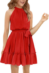 Newffr Girl's Halter Neck Sleeveless Summer Dress Tie Waist A-line Sundress Mini Swing Pleated Dress for Girls 4-12